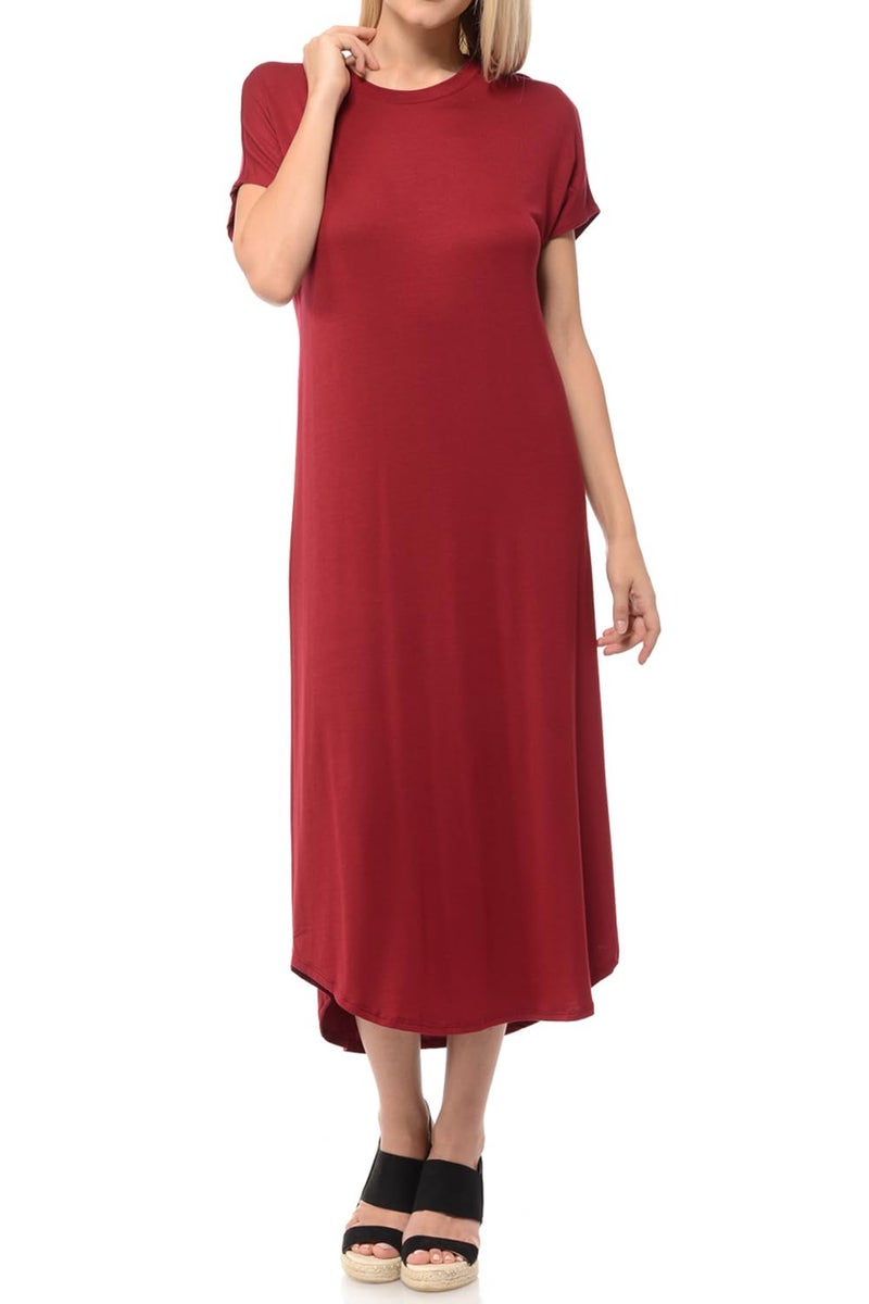 iconic luxe Women's Casual Loose-Fit Midi T-Shirt Dress â€“ Short Sleeve, Soft Stretchy Fabric, Lightweight Medium Burgundy - Image 3